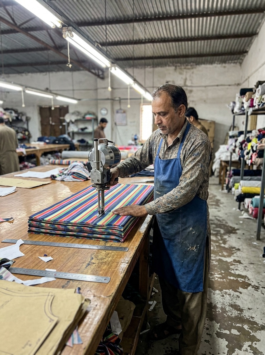 Cutting master guiding an industrial cutter through stacked jersey fabric