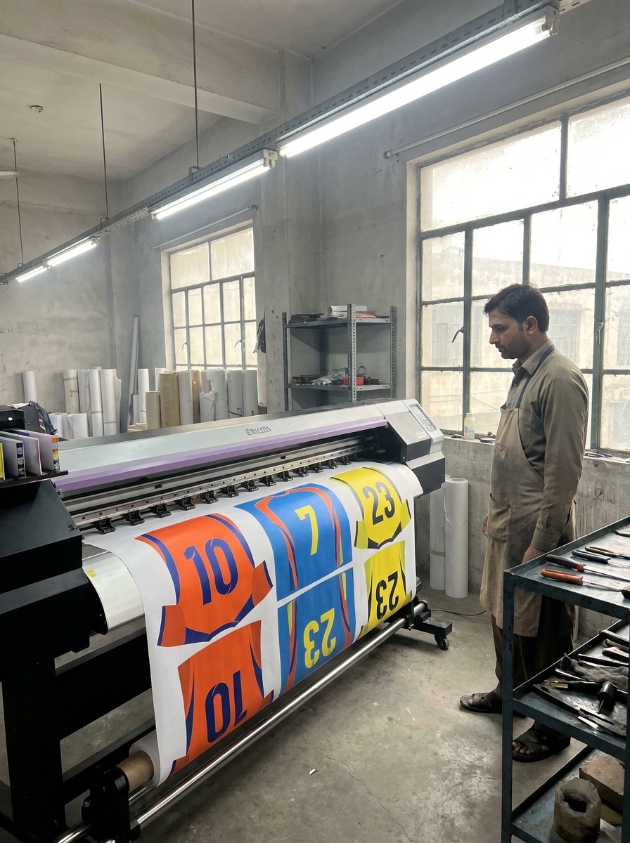 Wide-format sublimation printer printing numbered jersey panels on our print floor