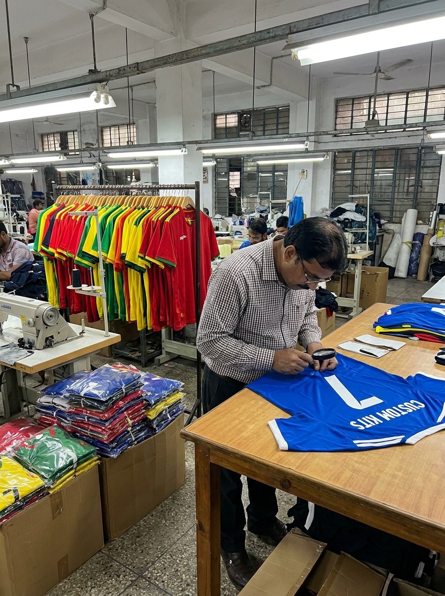 Inspector checking the stitching of a finished custom kit beside a rack of pressed jerseys
