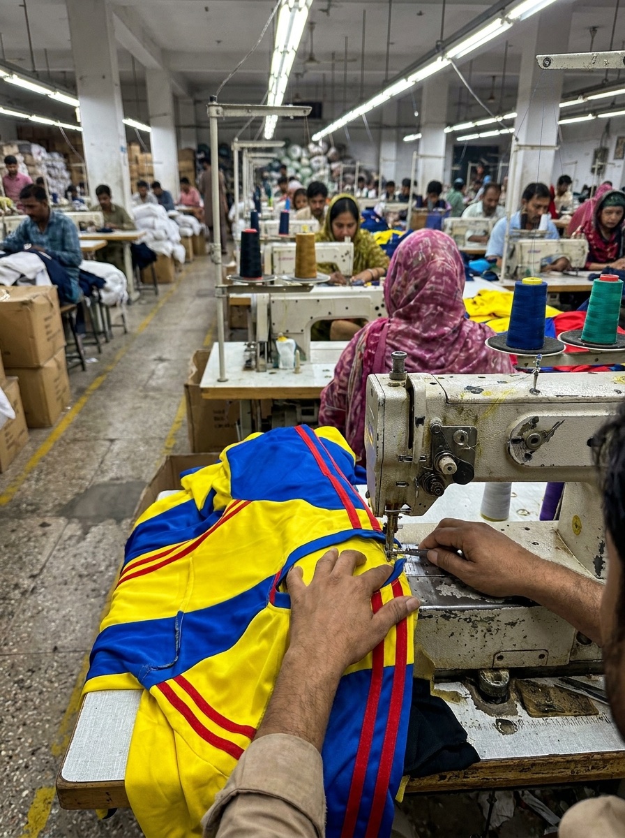 Machinists stitching custom team jerseys on our sewing line