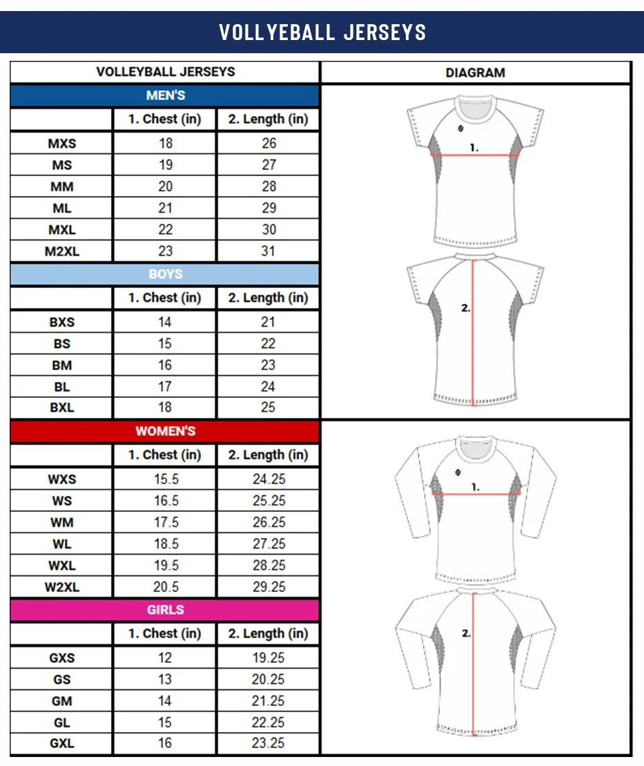 VOLLEYBALL JERSEYS size chart